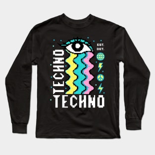 TECHNO  - 8 bit Rainbow Tears (white/blue/yellow) Long Sleeve T-Shirt